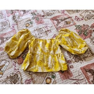 Sim & Sam Palm Print Peplum Top Puff Sleeve Yellow Chartreuse Tropical Boho Sz S